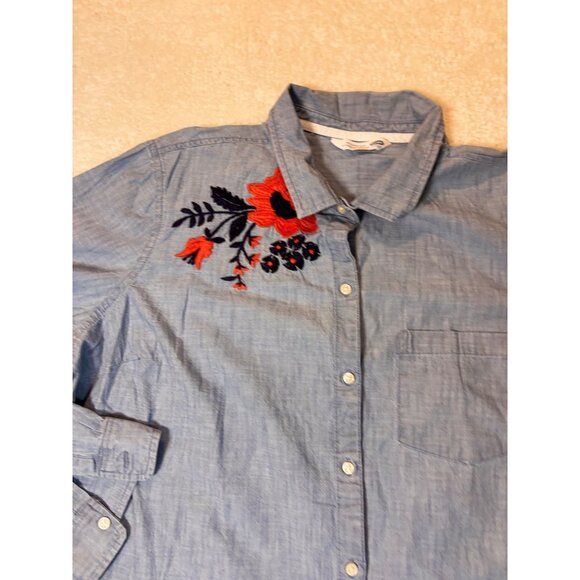 Womens Chambray Embroidered Floral Button-Up Shirt L Old Navy - Picture 4 of 14